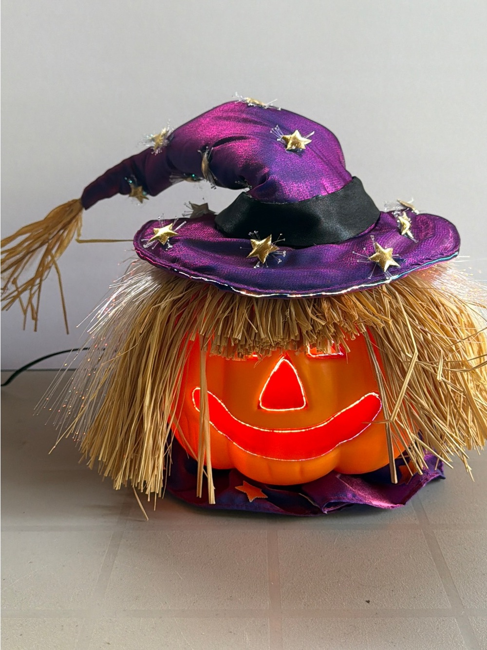 Vtg Halloween Scarecrow Fall Pumpkin Fiber Optic Jack O Lantern *works*